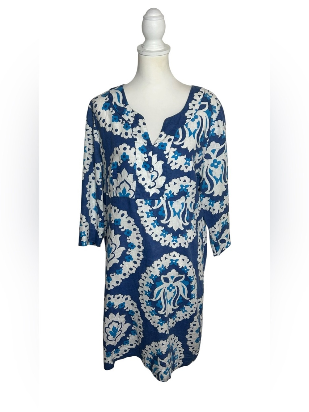 Boden 100% Linen Blue White Floral Tunic Dress EUC Sz 14L 3/4 sleeve
Resortwear